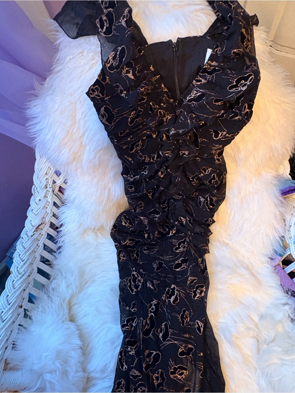 Alice McCall Black Ruffled Evening Dress with Gold Floral Accents